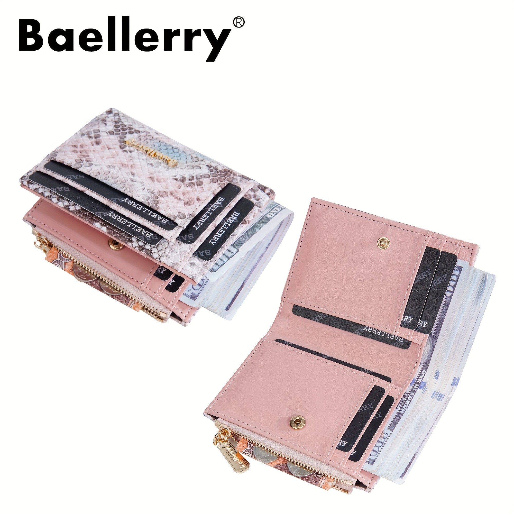 BAELLERRY Mini Womens Wallet Snake Pattern Short Wallet with Multi-Card Slots, Press Buckle, Money Clip & Zipper Coin Purse
