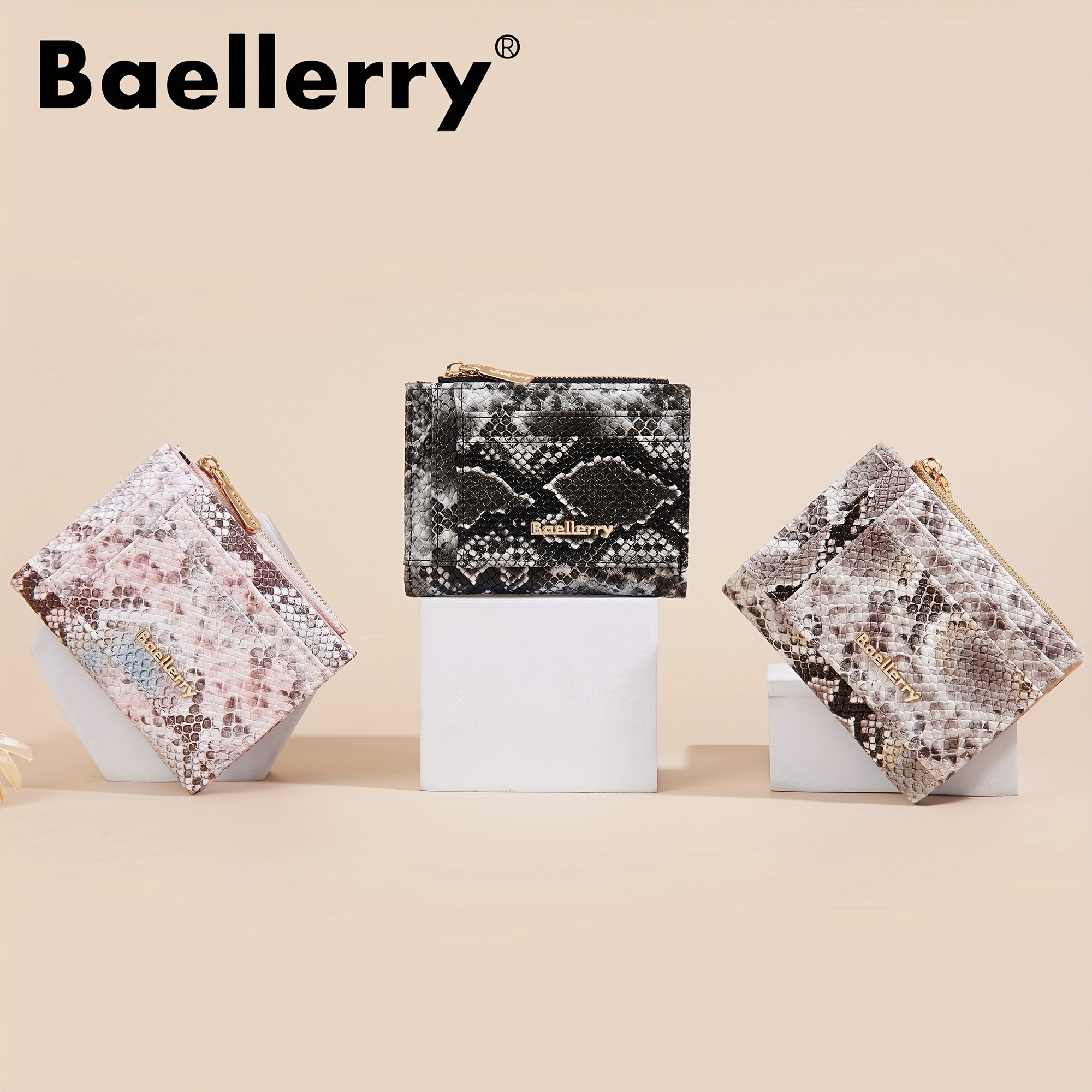BAELLERRY Mini Womens Wallet Snake Pattern Short Wallet with Multi-Card Slots, Press Buckle, Money Clip & Zipper Coin Purse