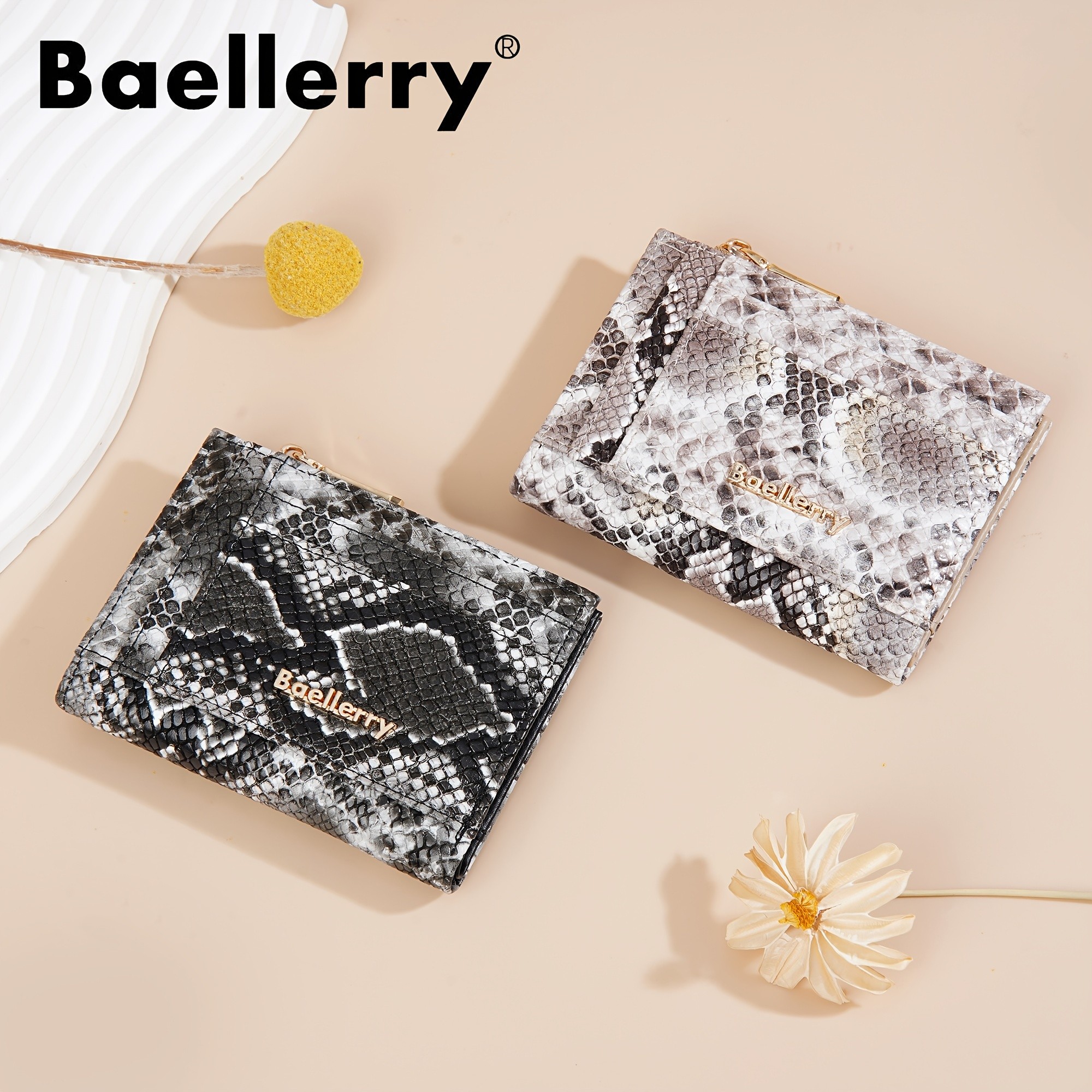 BAELLERRY Mini Womens Wallet Snake Pattern Short Wallet with Multi-Card Slots, Press Buckle, Money Clip & Zipper Coin Purse