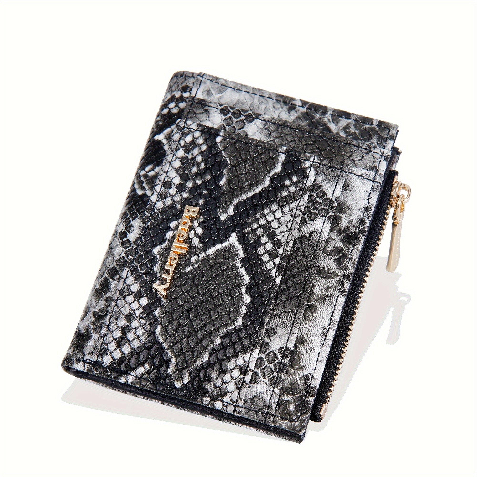 BAELLERRY Mini Womens Wallet Snake Pattern Short Wallet with Multi-Card Slots, Press Buckle, Money Clip & Zipper Coin Purse