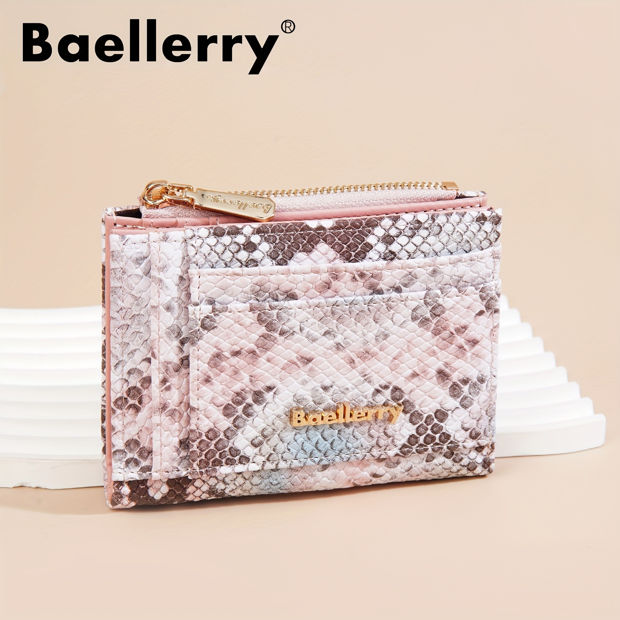 BAELLERRY Mini Womens Wallet Snake Pattern Short Wallet with Multi-Card Slots, Press Buckle, Money Clip & Zipper Coin Purse