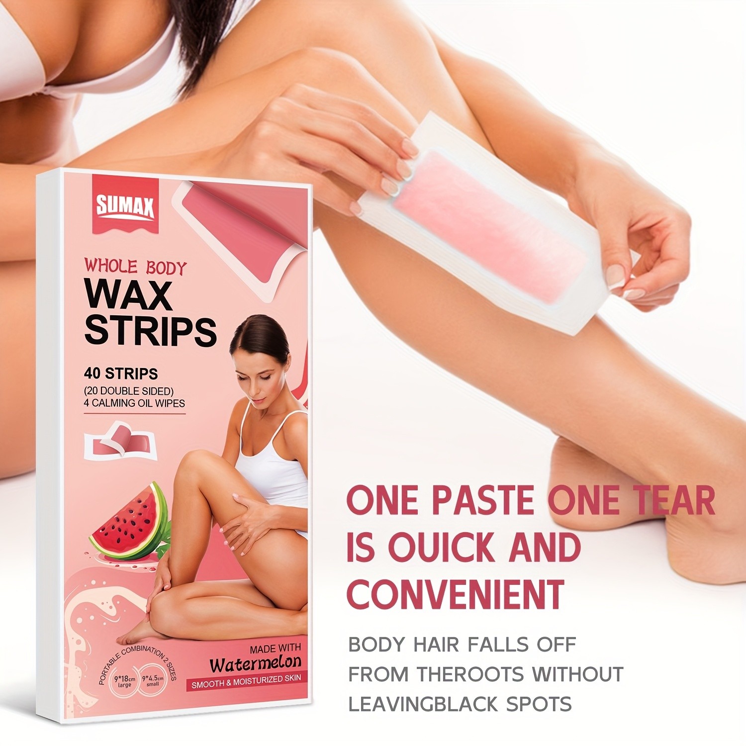 SUMAX Whole Body Wax Strips Kit 40 Watermelon-Infused Double-Sided Strips + 4 Calming Oil Wipes