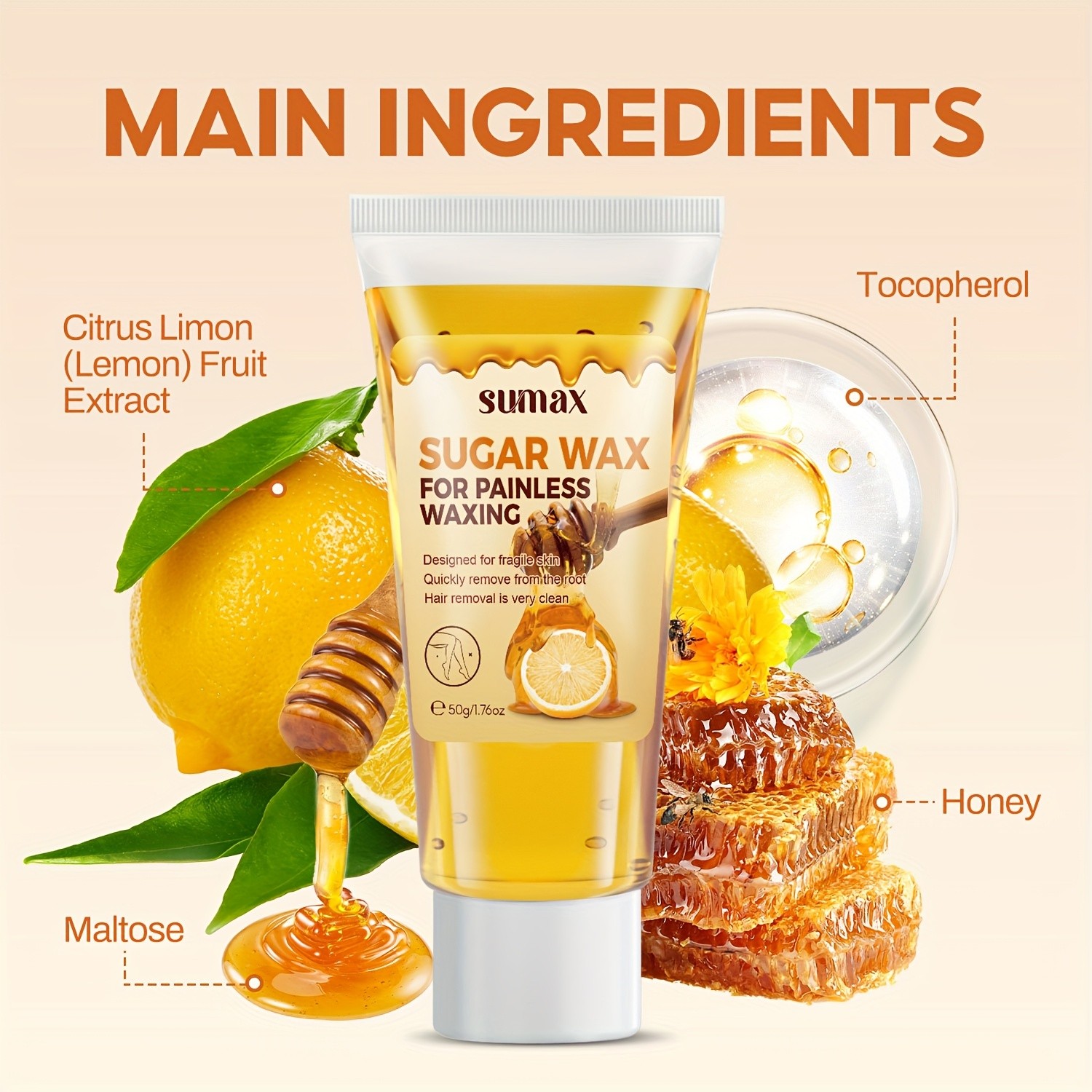 SUMAX Lemon & Honey Hair Removal Wax Gentle 50g Formula with Plant-Based Squalane for Face & Body