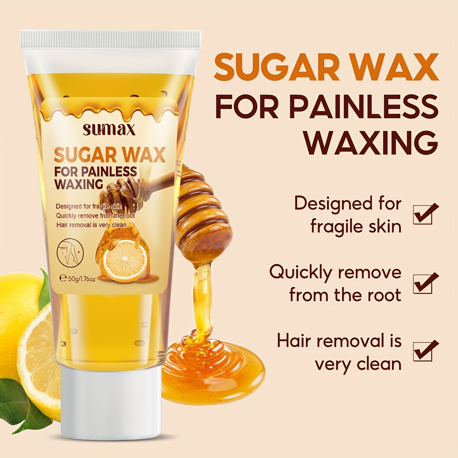 SUMAX Lemon & Honey Hair Removal Wax Gentle 50g Formula with Plant-Based Squalane for Face & Body