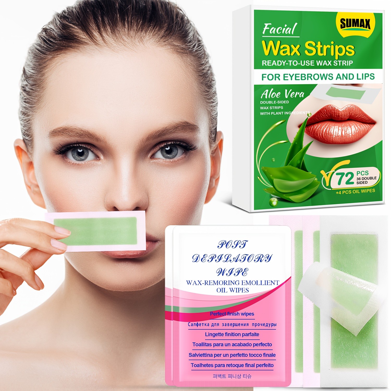 SUMAX 72pcs Aloe Vera Facial Wax Strips Quick, Moisturizing & Easy Hair Removal for Face & Body