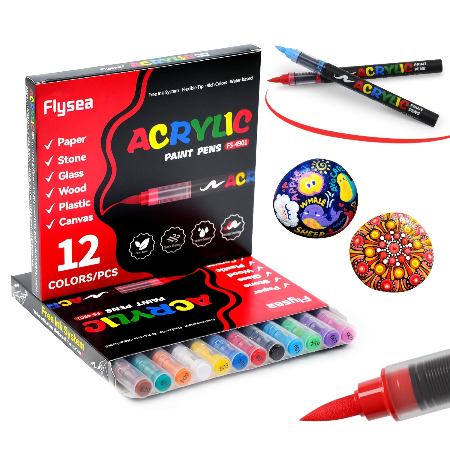 FLYSEA Acrylic Paint Marker Set 12 / 24 / 36 Vibrant Non-Toxic Stackable Markers for Multi-Surface Art