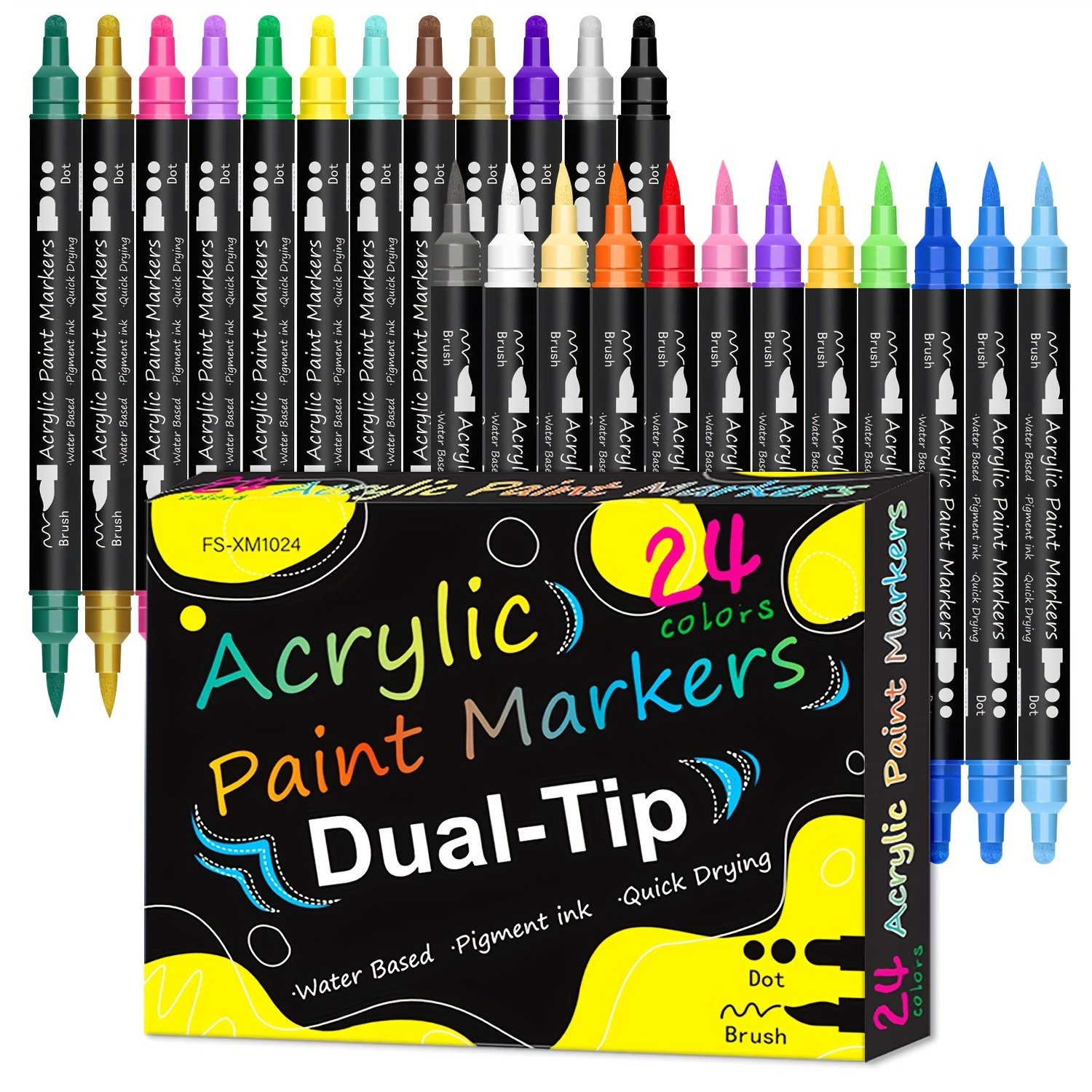 FLYSEA 24pcs Dual-Tip Acrylic Paint Markers  Brush Tip + Dot Tip Water-Based Markers for Christmas Cards, Rock Painting, Wood & Canvas