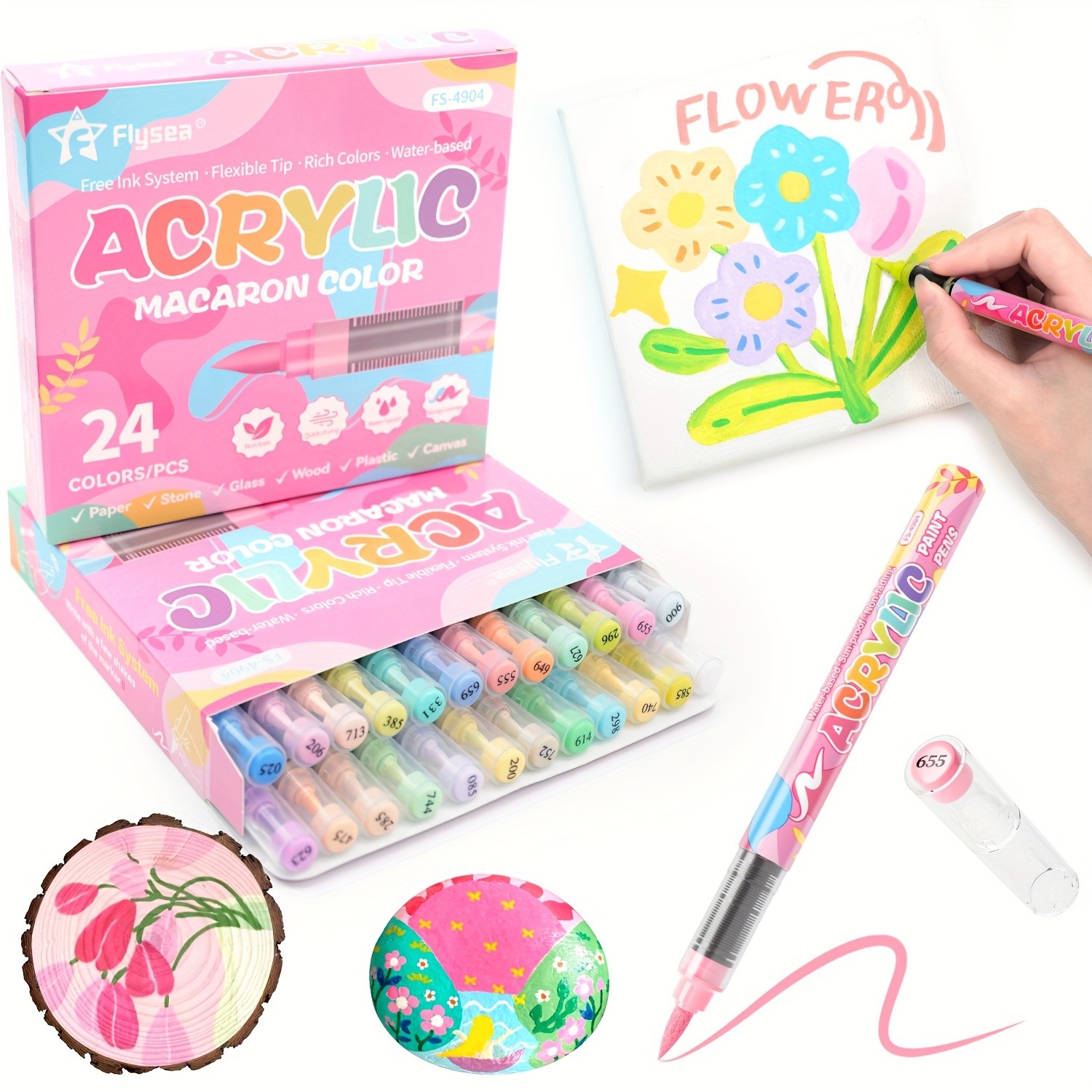 FLYSEA 24/36 Colors Acrylic Marker Set Vibrant Water-Based Brush Pens for Professional Painting & Creative Projects