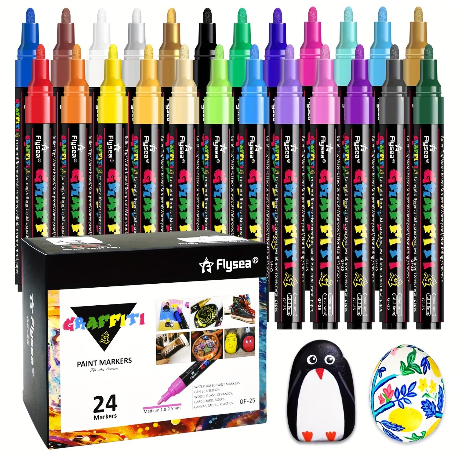 FLYSEA 24pcs Acrylic Paint Marker Pens Medium Tip, Waterproof, Quick-Drying Pens for Skateboards, Canvas, Wood, Stone & DIY Crafts