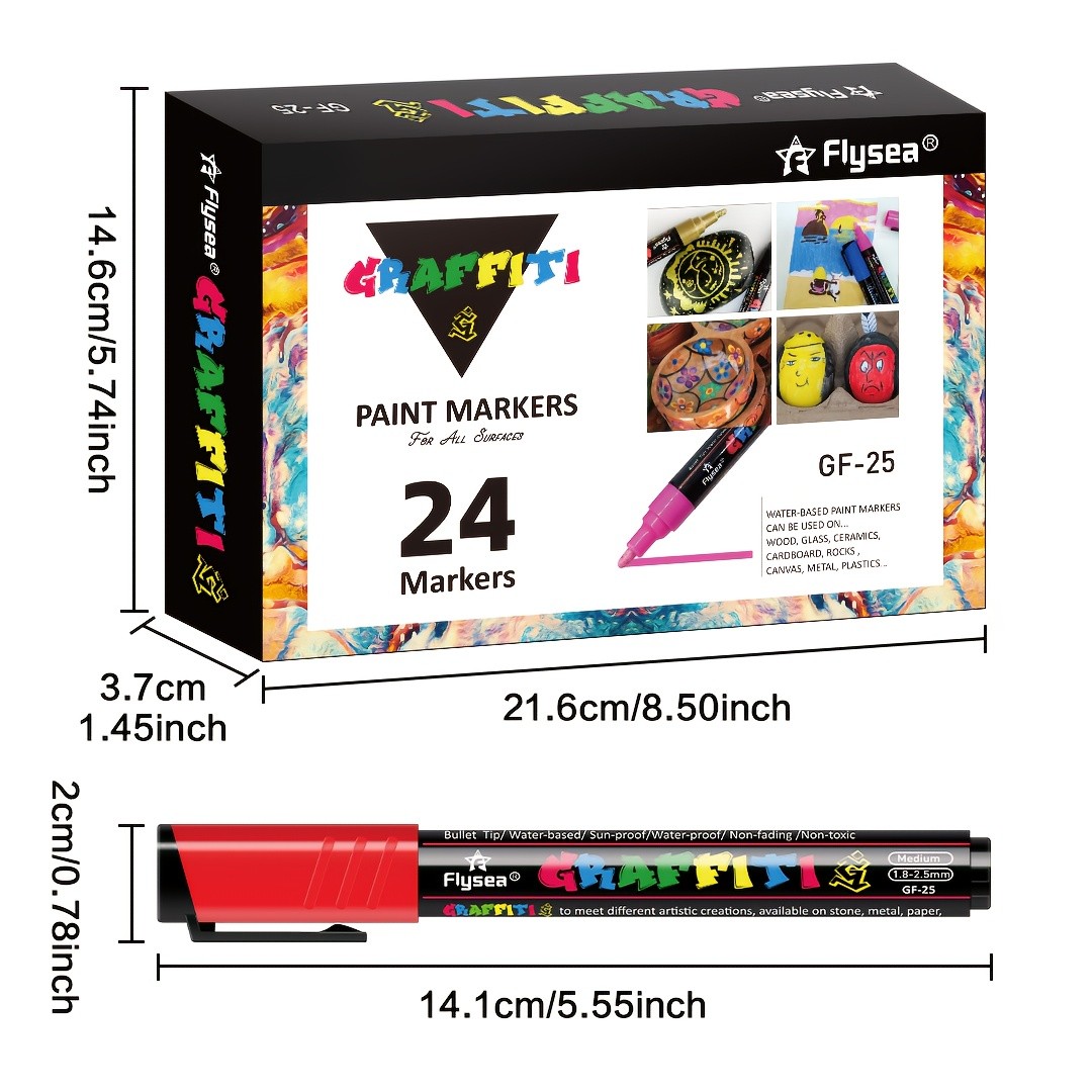 FLYSEA 24pcs Acrylic Paint Marker Pens Medium Tip, Waterproof, Quick-Drying Pens for Skateboards, Canvas, Wood, Stone & DIY Crafts