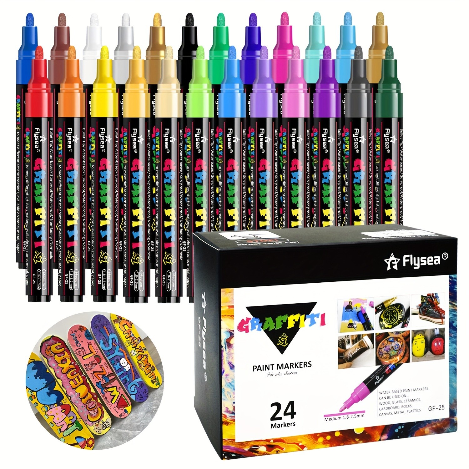 FLYSEA 24pcs Acrylic Paint Marker Pens Medium Tip, Waterproof, Quick-Drying Pens for Skateboards, Canvas, Wood, Stone & DIY Crafts
