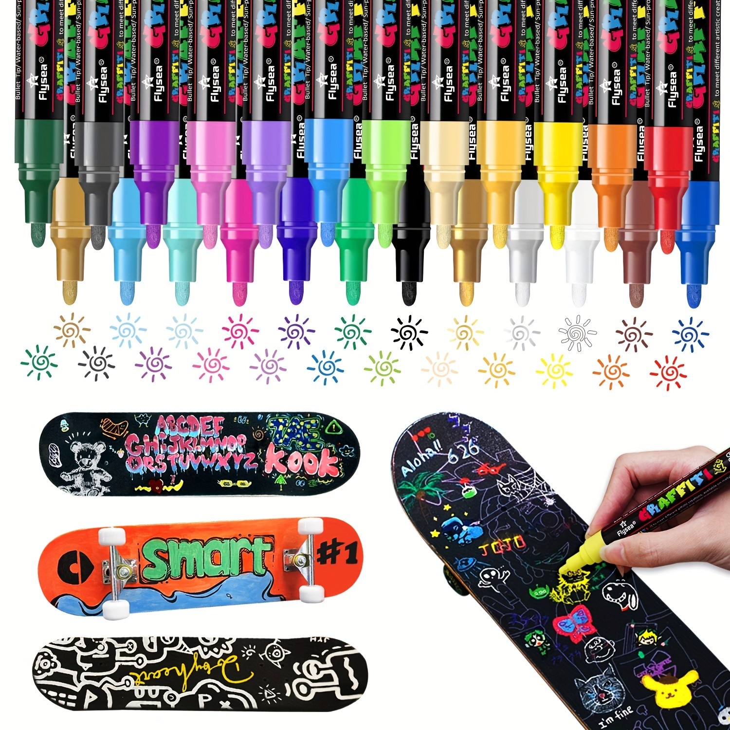 FLYSEA 24pcs Acrylic Paint Marker Pens Medium Tip, Waterproof, Quick-Drying Pens for Skateboards, Canvas, Wood, Stone & DIY Crafts