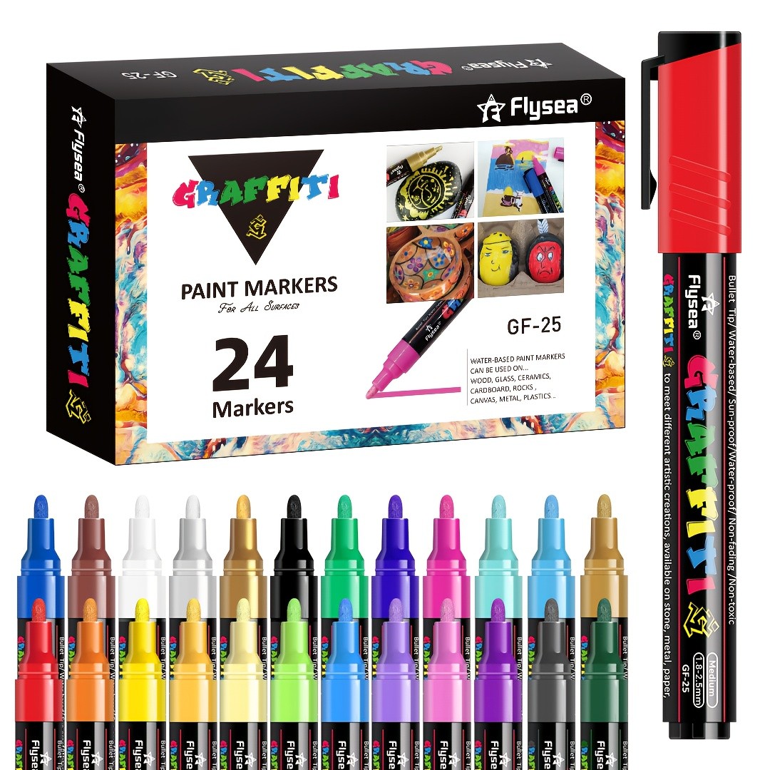 FLYSEA 24pcs Acrylic Paint Marker Pens Medium Tip, Waterproof, Quick-Drying Pens for Skateboards, Canvas, Wood, Stone & DIY Crafts