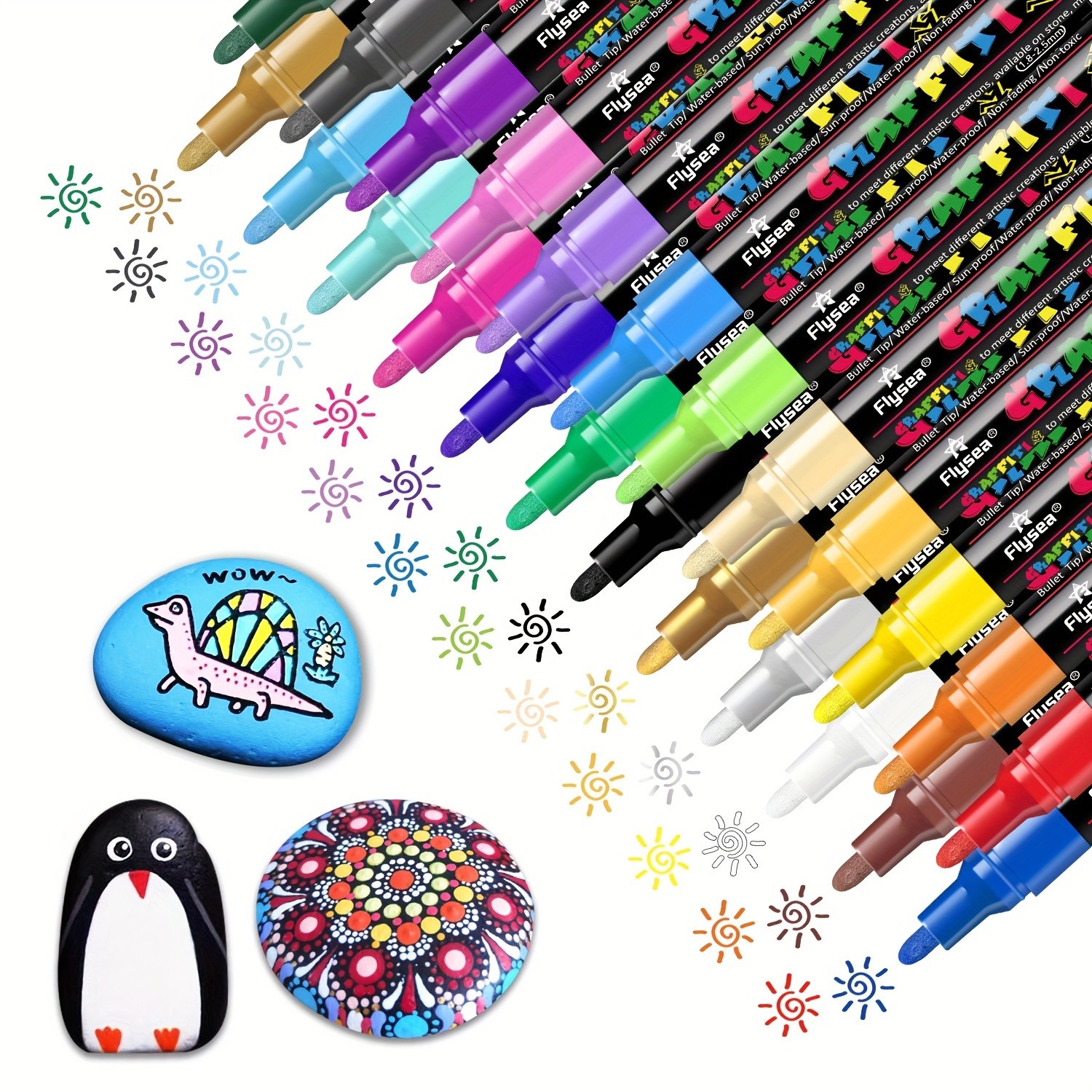 FLYSEA 24pcs Acrylic Paint Marker Pens Medium Tip, Waterproof, Quick-Drying Pens for Skateboards, Canvas, Wood, Stone & DIY Crafts