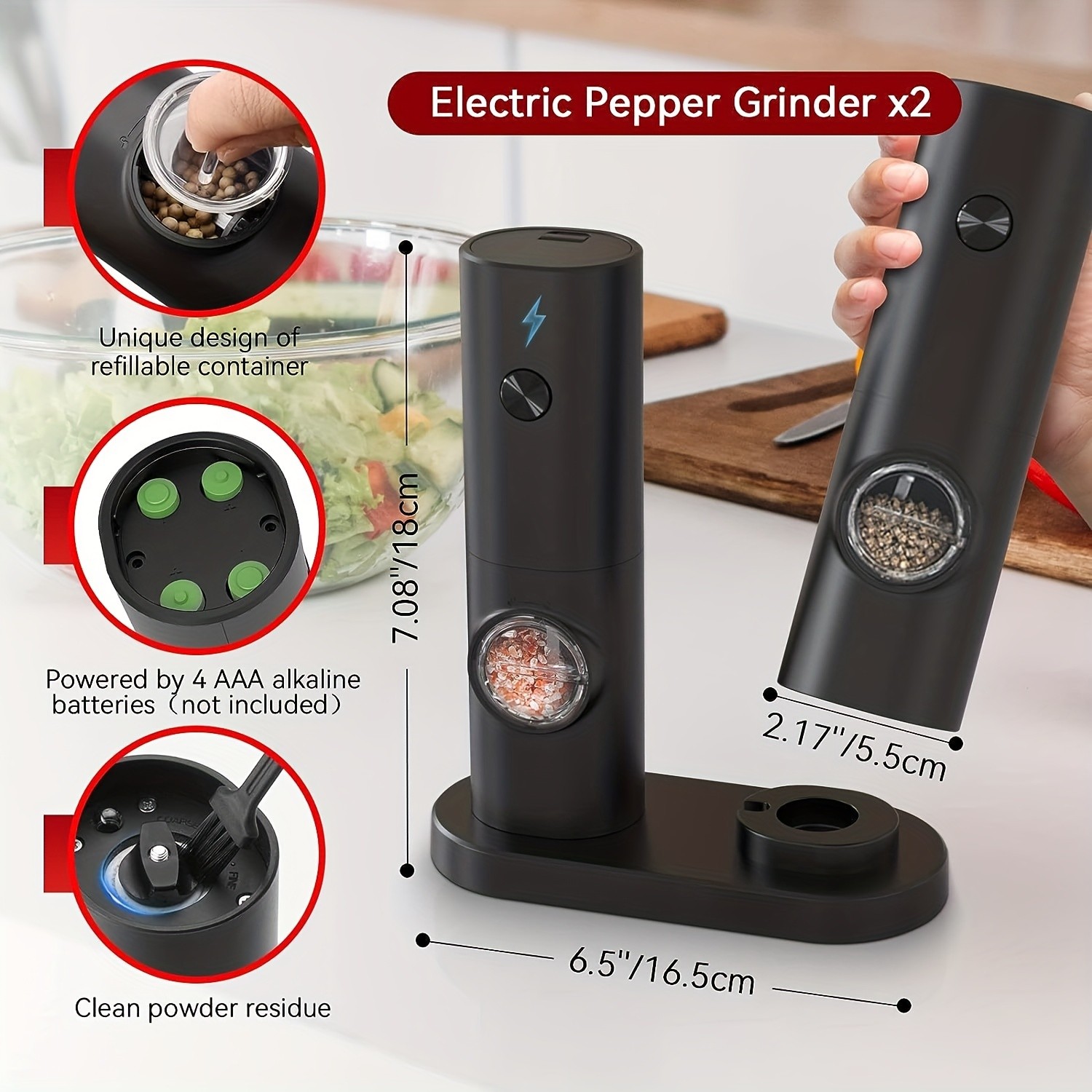 YUMIPLUS Electric Salt & Pepper Grinder Set Automatic Battery-Operated Mills with Adjustable Coarseness, One-Handed Use & LED Light