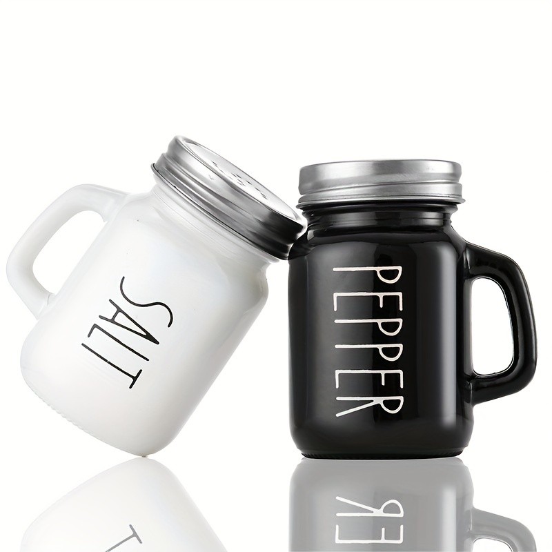 YUMIPLUS 2pcs Farmhouse Salt & Pepper Shaker Set Vintage Black & White Glass Shakers with Handle & Stainless Steel Lid (4.4oz)