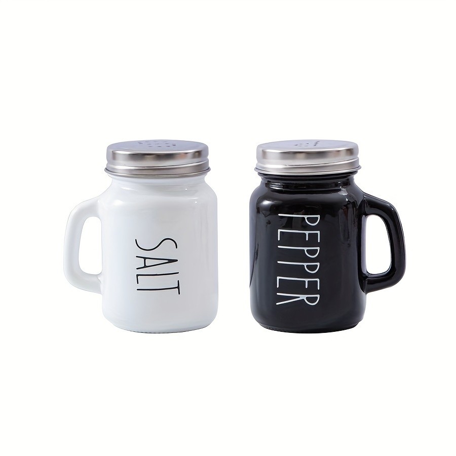 YUMIPLUS 2pcs Farmhouse Salt & Pepper Shaker Set  Vintage Black & White Glass Shakers with Handle & Stainless Steel Lid (4.4oz)