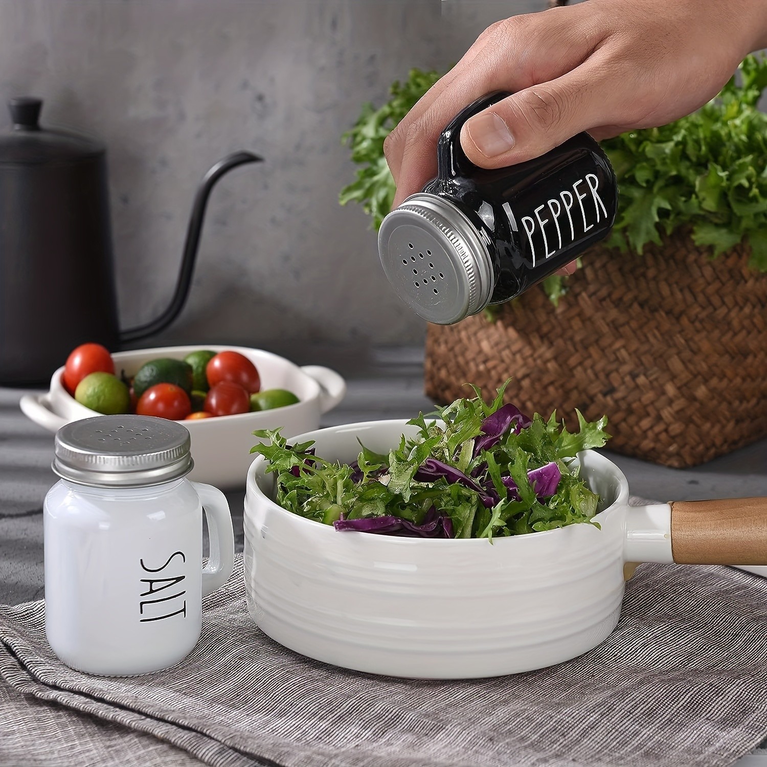 YUMIPLUS 2pcs Farmhouse Salt & Pepper Shaker Set Vintage Black & White Glass Shakers with Handle & Stainless Steel Lid (4.4oz)