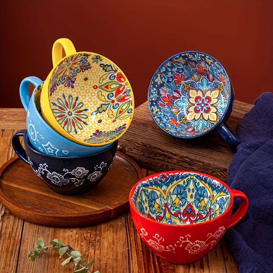 YUMIPLUS 15oz Bohemian Ceramic Breakfast Cup Large Capacity Water, Milk & Coffee Mug (Microwave-Safe)
