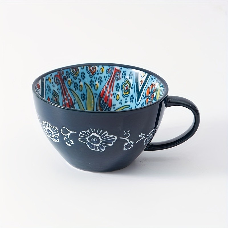 YUMIPLUS 15oz Bohemian Ceramic Breakfast Cup Large Capacity Water, Milk & Coffee Mug (Microwave-Safe)