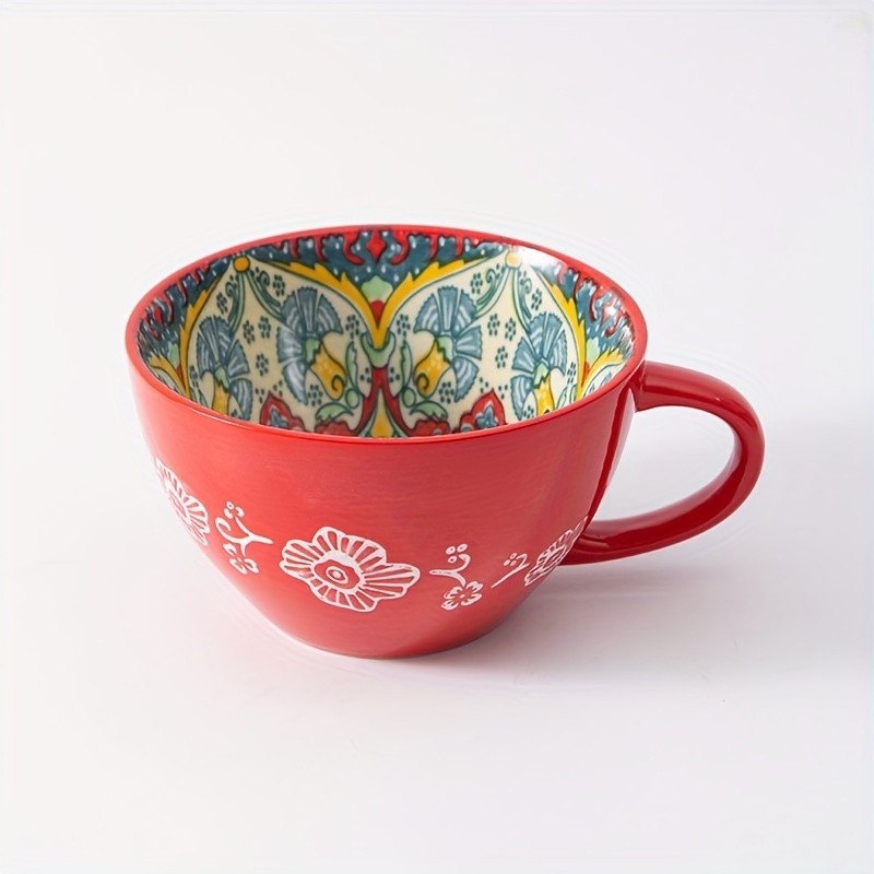YUMIPLUS 15oz Bohemian Ceramic Breakfast Cup  Large Capacity Water, Milk & Coffee Mug (Microwave-Safe)
