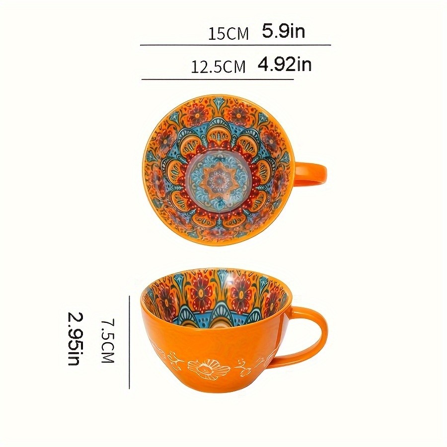 YUMIPLUS 15oz Bohemian Ceramic Breakfast Cup Large Capacity Water, Milk & Coffee Mug (Microwave-Safe)