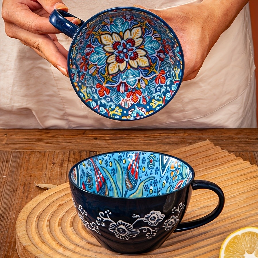 YUMIPLUS 15oz Bohemian Ceramic Breakfast Cup Large Capacity Water, Milk & Coffee Mug (Microwave-Safe)