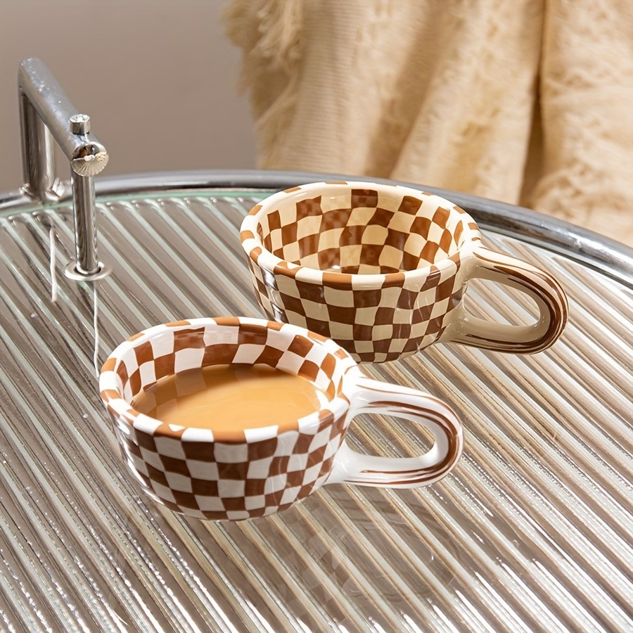 YUMIPLUS Irregular Checkered Ceramic Mug 7oz Casual Coffee Cup for Home & Office Use