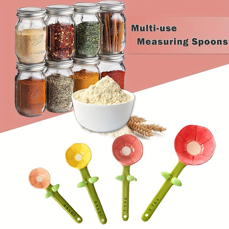 YUMIPLUS Flower Ceramic Measuring Spoons Set Cute Porcelain Spoons with Pot Base Holder