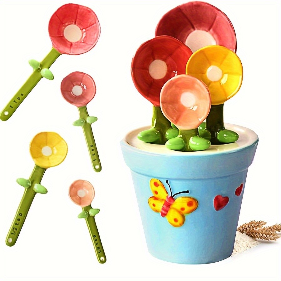 YUMIPLUS Flower Ceramic Measuring Spoons Set Cute Porcelain Spoons with Pot Base Holder