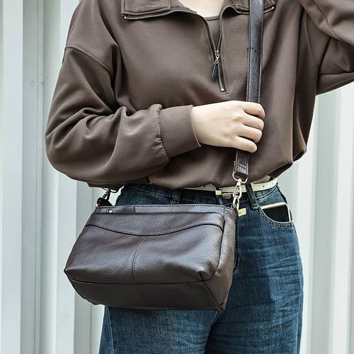 NIUCUNZH Womens Genuine Leather Crossbody Bag Sleek Black Handbag with Detachable Strap & Multiple Zipper Pockets