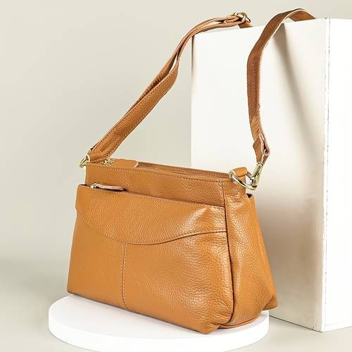 NIUCUNZH Womens Genuine Leather Crossbody Bag Sleek Black Handbag with Detachable Strap & Multiple Zipper Pockets