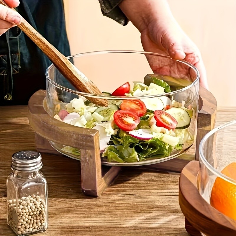 YUMIPLUS Glass Fruit Plate with Bamboo Base Elegant Snack & Salad Bowl for Home, Restaurant & Hotel Use