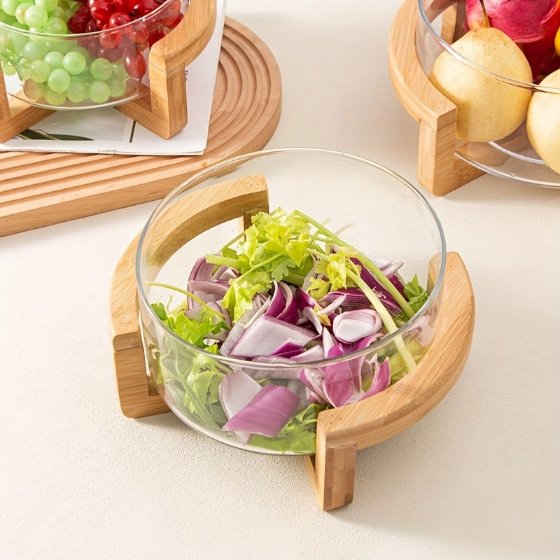 YUMIPLUS Glass Fruit Plate with Bamboo Base Elegant Snack & Salad Bowl for Home, Restaurant & Hotel Use