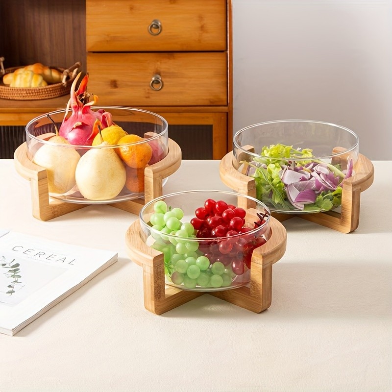 YUMIPLUS Glass Fruit Plate with Bamboo Base Elegant Snack & Salad Bowl for Home, Restaurant & Hotel Use