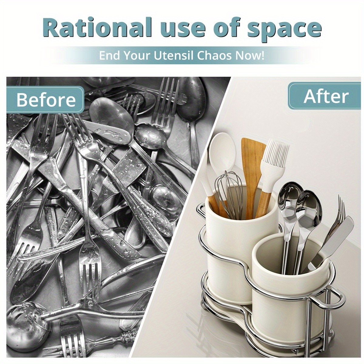 URLUNA Cutlery Holder  Dual-Compartment Silverware Organizer with Metal Frame for Kitchen & Countertop Storage