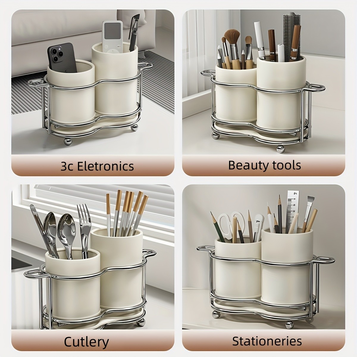 URLUNA Cutlery Holder  Dual-Compartment Silverware Organizer with Metal Frame for Kitchen & Countertop Storage