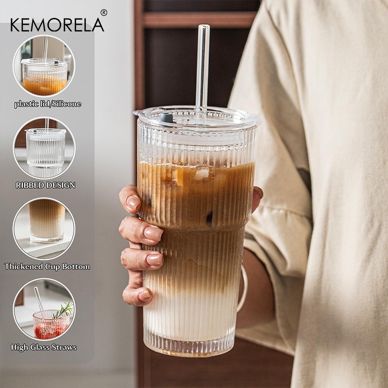 KEMORELA Large Capacity Vertical Striped Glass Cups with Lids Reusable Dishwasher-Safe Tumblers for Cold Drinks, Coffee & Juice