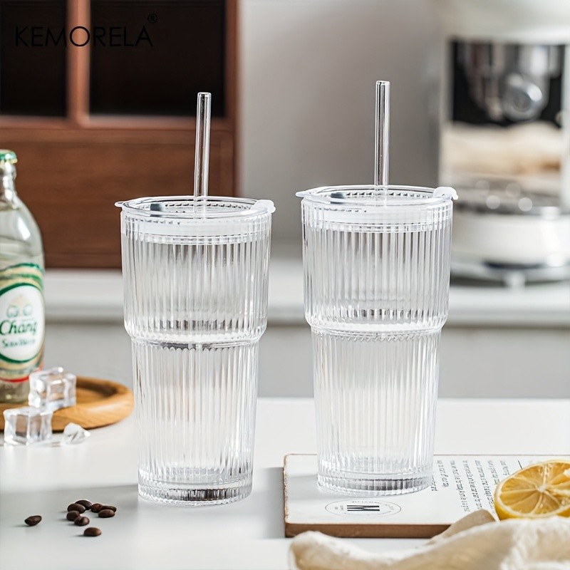 KEMORELA Large Capacity Vertical Striped Glass Cups with Lids Reusable Dishwasher-Safe Tumblers for Cold Drinks, Coffee & Juice