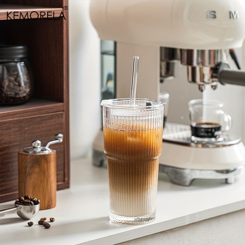 KEMORELA Large Capacity Vertical Striped Glass Cups with Lids Reusable Dishwasher-Safe Tumblers for Cold Drinks, Coffee & Juice