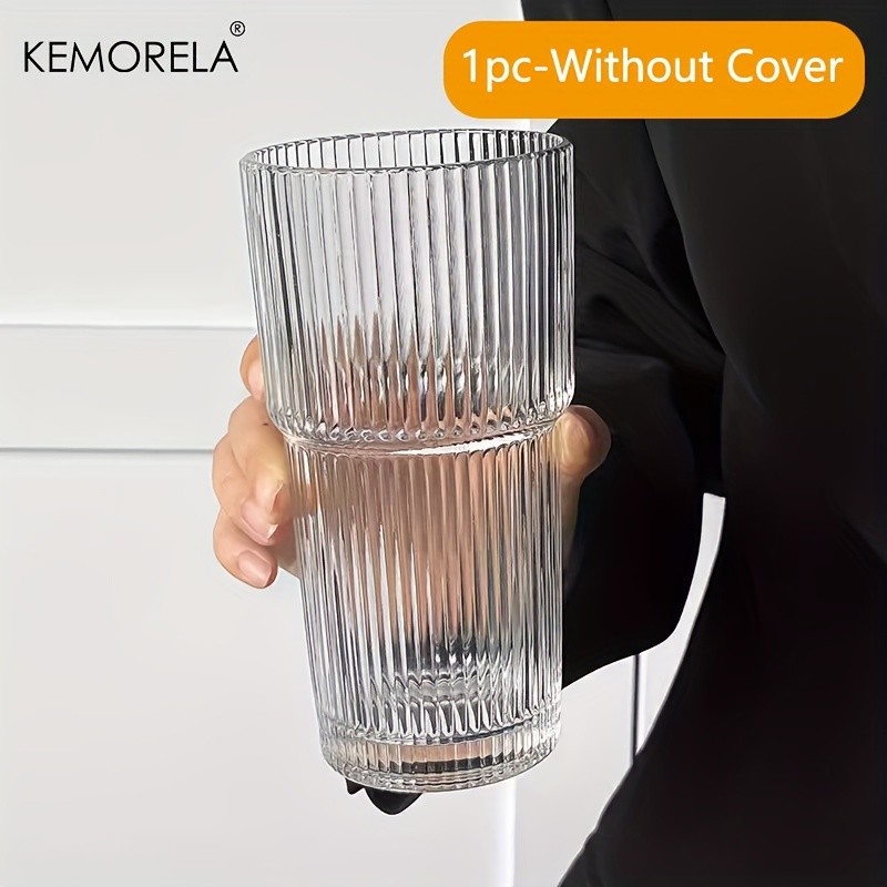 KEMORELA Large Capacity Vertical Striped Glass Cups with Lids Reusable Dishwasher-Safe Tumblers for Cold Drinks, Coffee & Juice
