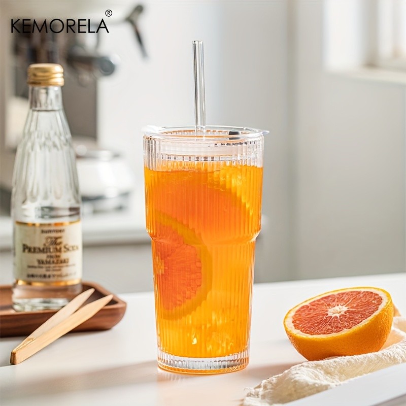 KEMORELA Large Capacity Vertical Striped Glass Cups with Lids Reusable Dishwasher-Safe Tumblers for Cold Drinks, Coffee & Juice
