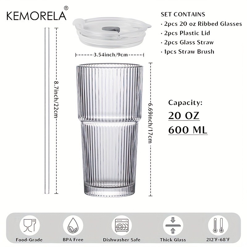 KEMORELA Large Capacity Vertical Striped Glass Cups with Lids  Reusable Dishwasher-Safe Tumblers for Cold Drinks, Coffee & Juice