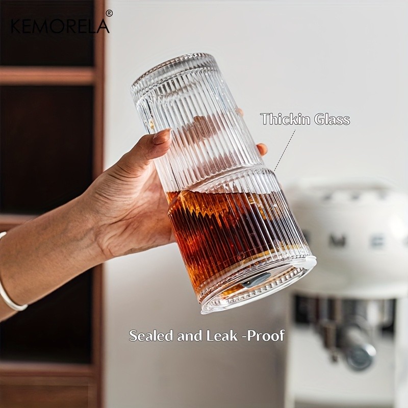 KEMORELA Large Capacity Vertical Striped Glass Cups with Lids Reusable Dishwasher-Safe Tumblers for Cold Drinks, Coffee & Juice