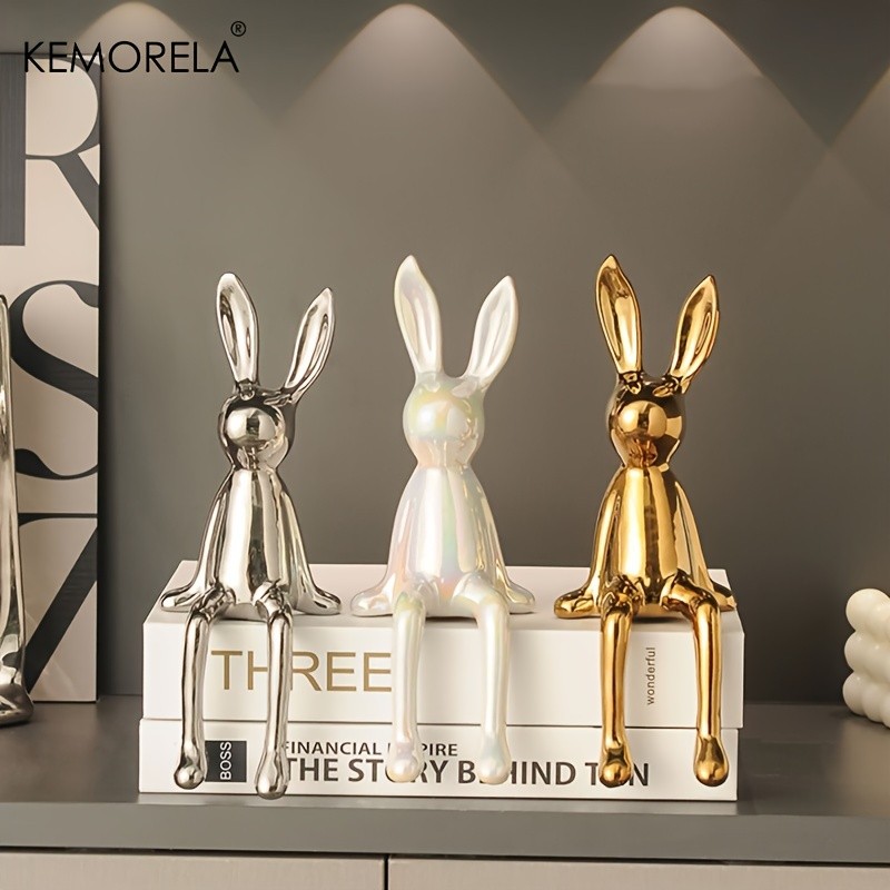 KEMORELA Long-Eared Rabbit Ceramic Ornament Simple Sitting Figurine for Living Room, TV Cabinet & Holiday Dcor