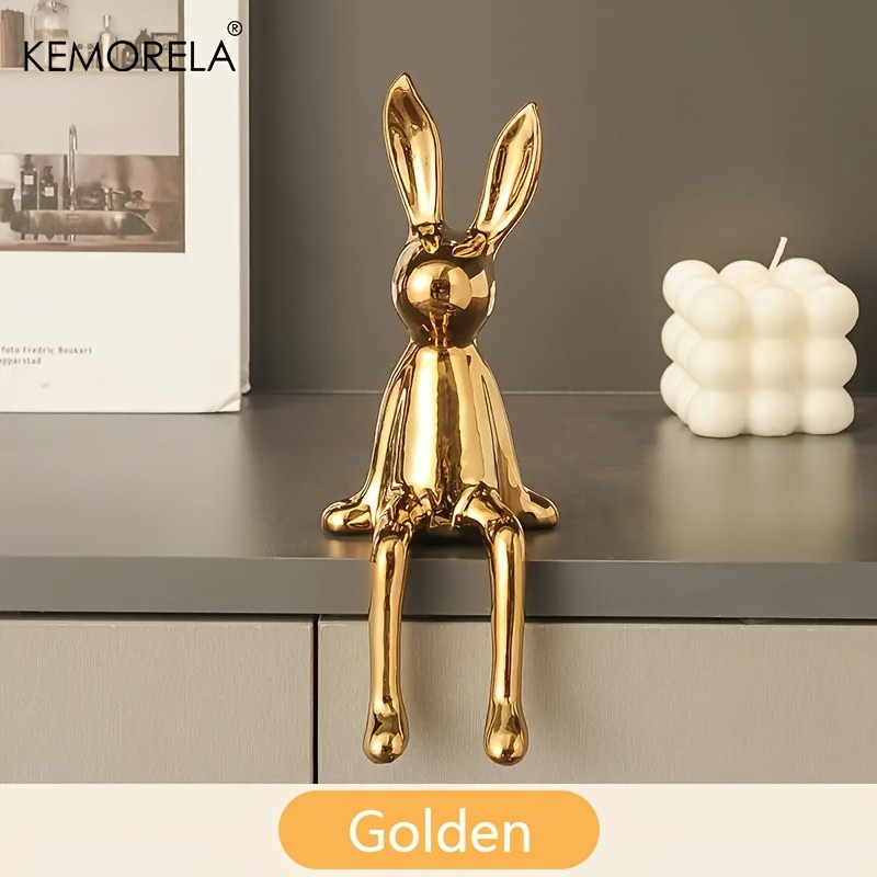 KEMORELA Long-Eared Rabbit Ceramic Ornament Simple Sitting Figurine for Living Room, TV Cabinet & Holiday Dcor