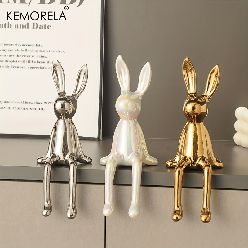 KEMORELA Long-Eared Rabbit Ceramic Ornament Simple Sitting Figurine for Living Room, TV Cabinet & Holiday Dcor