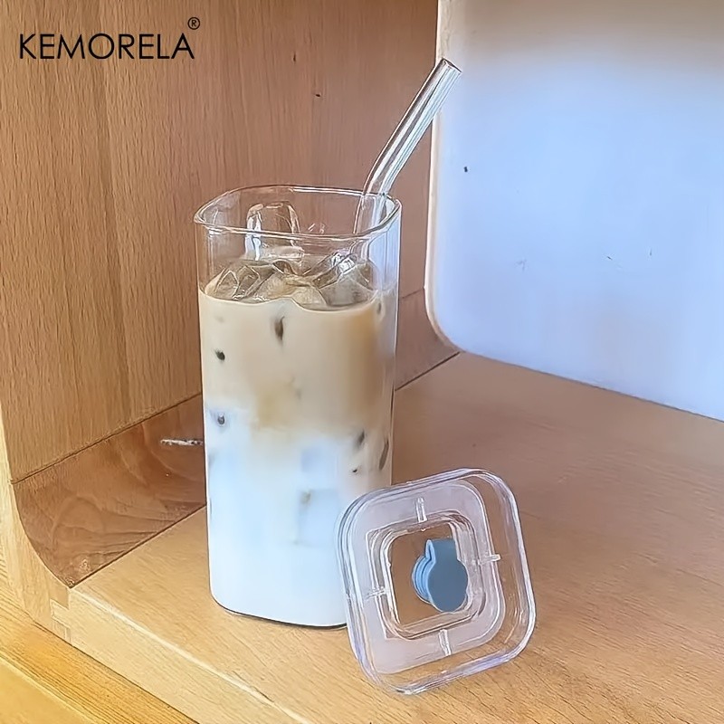 KEMORELA 380ml Portable Rectangular Glass Cup with Lid & Straw (4/6pcs) Heat-Resistant, Durable & Travel-Friendly Drinkware