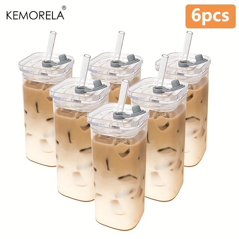KEMORELA 380ml Portable Rectangular Glass Cup with Lid & Straw (4/6pcs) Heat-Resistant, Durable & Travel-Friendly Drinkware