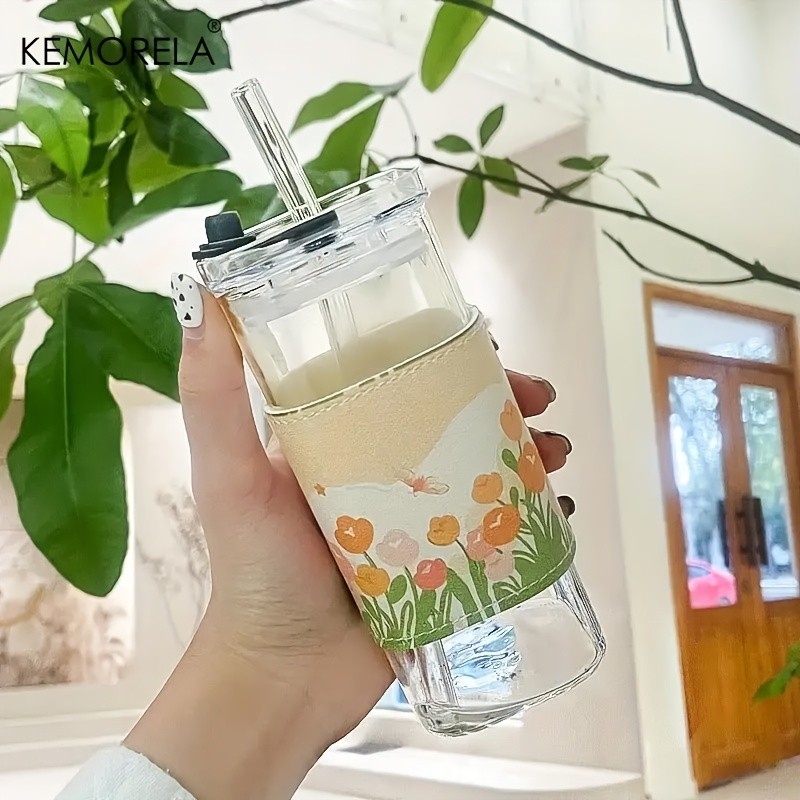KEMORELA 380ml Portable Rectangular Glass Cup with Lid & Straw (4/6pcs) Heat-Resistant, Durable & Travel-Friendly Drinkware